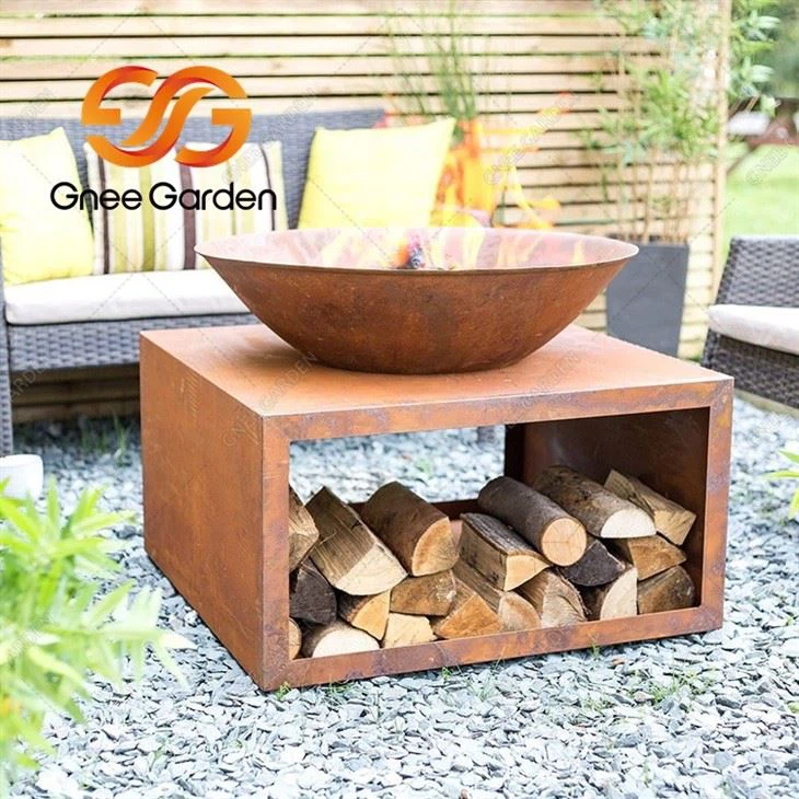 Corten Steel Firepit With Wood storage2