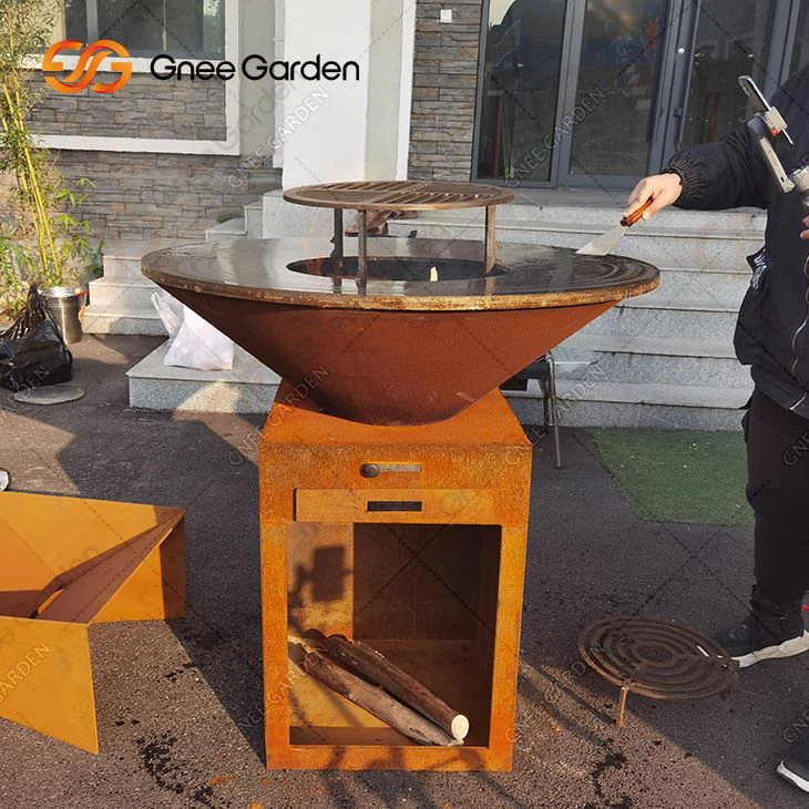 आउटडोर फर्नीचर कॉर्टन स्टील मेटल वुड बर्निंग फायर पिट बीबीक्यू ग्रिल के साथ
